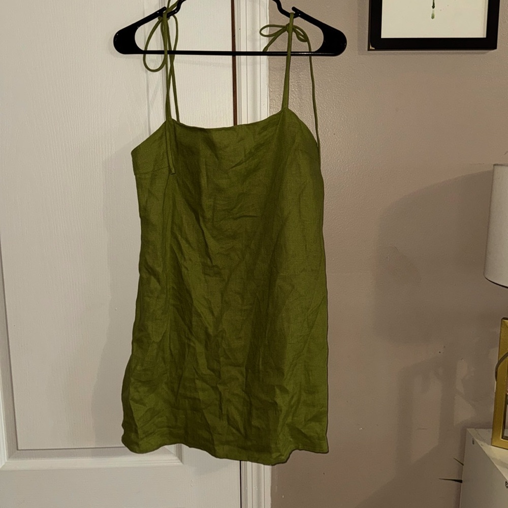 Reformation Aubree Linen Dress in Avocado Green Mini Tie Straps